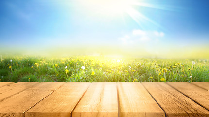 Spring summer beautiful background with green juicy young grass and empty wooden table in nature outdoor. Natural template landscape with blue sky and sun.