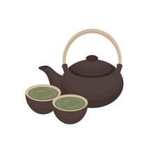 Green Tea Ceramic Pot And Cups Icon For Japanese Cuisine Or Sushi Bar And Restaurant Menu Design Template. Vector Isolated Symbol Of Teapot And Japan Or Chinese Traditional Mugs For Tea Or Cafe