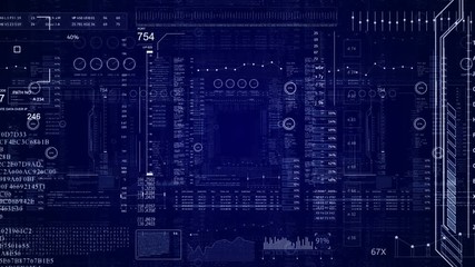 Looping HUD technological User Interface. SciFi screens with HUD elements and Digital Infographic.The Camera follow through the seamless animated HUD screens.Blue.