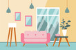 © Iryna - Modern interior of a living room with furniture. Design of a cozy room with sofa, lamp, table, window and decor accessories. Flat style vector illustration.