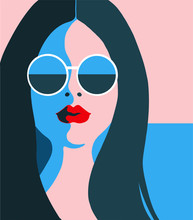 A Portrait Of Brown Haired Attractive Young Woman With Red Lips Wearing Round Sunglasses On Vacation With Blue Sea And Evening Pink Sky Behind Her - Hand Drawn Retro Vector Illustration