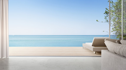 Wall Mural - Lounge chair on terrace near bright living room and sofa in modern beach house or luxury pool villa. Cozy home interior 3d rendering with sea view.