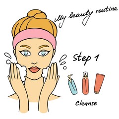 My daily routine. Skin care vector illustration. Correct order to apply skin care products. Step 1 Cleanse.