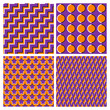 © PerepadiaY - Set of orange purple optical illusion seamless patterns of moving zigzag stripes, circles shapes, five pointed stars and lightning shapes.