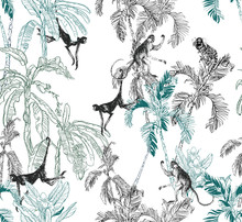 Seamless Pattern Monkeys Jumping On Palm Trees Etching Illustration On White Background, Exotic Plants Wildlife Animals In Jugnle, Rainforest Wallpaper Design, Tropics India Doodle