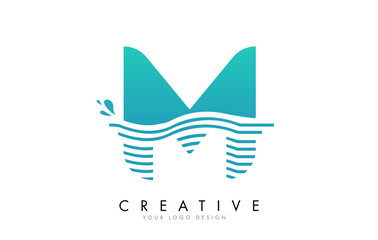 M Letter Logo with Waves and Water Drops Design.