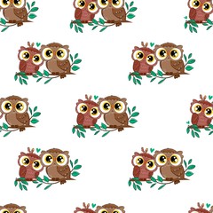 Wall Mural - Cute owl and leaves seamless pattern background. Beautiful childish print design element.