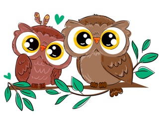 Wall Mural - A pair of owls sits on a branch with foliage isolated on a white background. Bird vector illustration. Beautiful childish print design elements. Heart