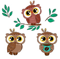 Wall Mural - Set with cute beautiful owls Isolated on a white background. Bird print for children. Vector illustration.