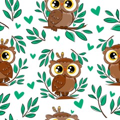 Wall Mural - Cute owl sitting on a branch with foliage pattern background. Seamless bird vector illustration. Beautiful childish print design elements.