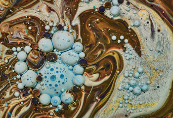 Fotomurales - Colourful acrylic bubbles.Fluid art marble texture. Backdrop abstract iridescent paint effect. Liquid acrylic artwork flows and splashes. Mixed paints for interior poster.