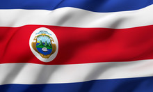 Flag Of Costa Rica Blowing In The Wind. Full Page Costa Rican Flying Flag. 3D Illustration.