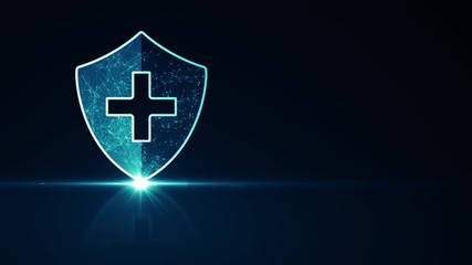 Medical healthcare system protection concept. Futuristic medical health protection shield icon with shining wireframe above multiple on dark blue background. Seamless loop 4k animation.