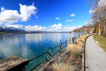 Oberhofen am Thunersee. The town is located on the northern shore of Lake Thun. Switzerland, Europe.