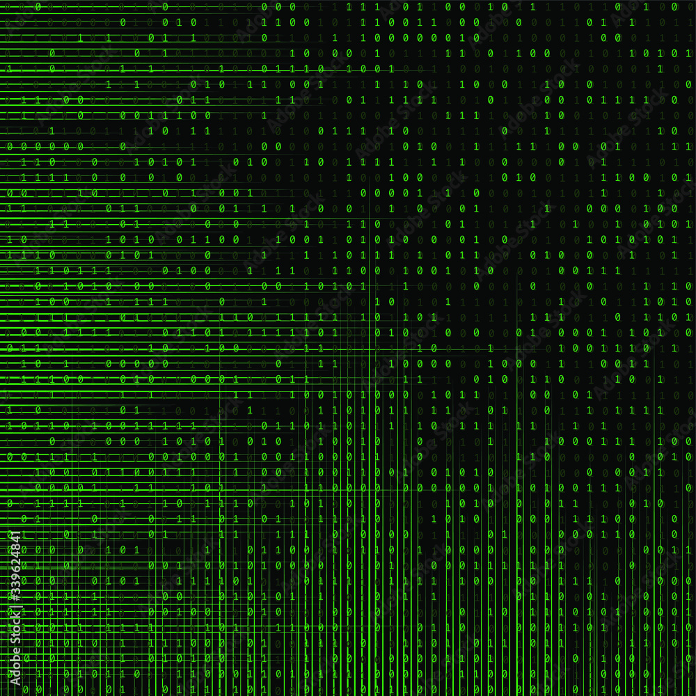 Green line Abstract digital pattern with green sparse binary pattern on Powerful black background. Modern vector illustration.