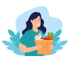 Sticker - woman with basket of charity donation vector illustration design