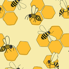 Busy Bees On Honeycombs, Seamless Vector Repeat Pattern Surface Design