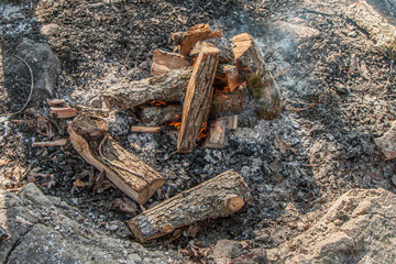 wooden campfire with red flames