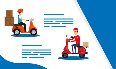 Wall Mural - set banner with delivery workers in motorcycles vector illustration design