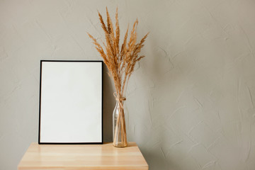 
dried flowers in a vase on a gray background. dry grass in a transparent vase. gray textured wall. white frame on a gray background. black frame on gray background. empty frame.