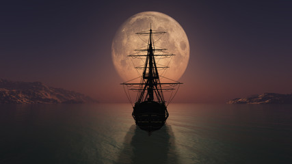Wall Mural - old ship in the night full moon illustration