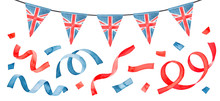 Bright Set With Party Streamers, Confetti And British Flag Bunting. Hand Painted Watercolour Illustration On White, Cutout Clipart Elements For Design Decoration, "Happy Birthday" Card, Travel Banner.