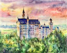 Illustration Castle In Germany Schloss Neu Schwanstein. Panoramic View Bavaria. Pink, Purple, Blue Sky. 