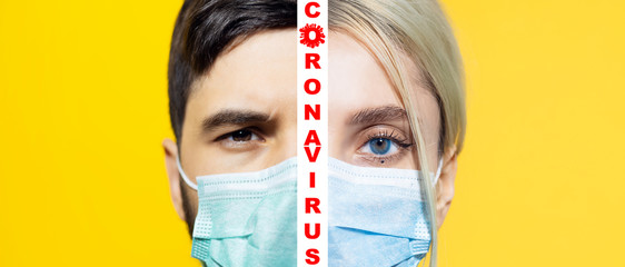 Wall Mural - Collage of studio half face portraits of young woman and man, wearing safety medical face mask against flu virus. Isolated on yellow background. Coronavirus text between pictures.