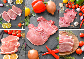 Collage of photos with raw pork meat and vegetables