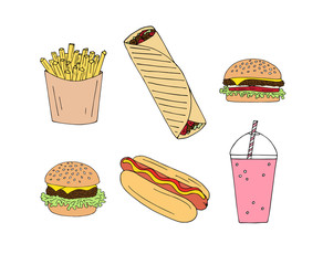 Sticker - Vector set bundle of colored hand drawn doodle sketch fast food isolated on white background