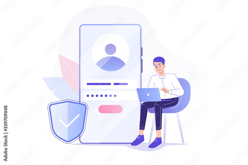 Online registration and sign up concept. Young man signing up or login to online account on huge smartphone. User interface. Secure login and password. Vector illustration for UI, mobile app, web  - obrazy, fototapety, plakaty 