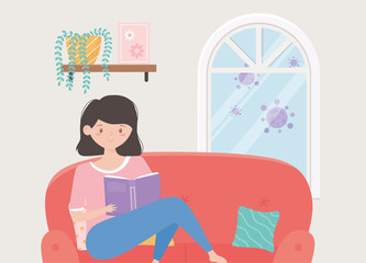 Sticker - quarantine stay at home, young woman reading book sitting on red sofa cartoon