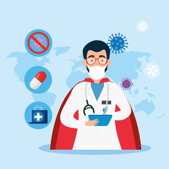 Canvas Print - super doctor male with hero cloak and icons vector illustration design