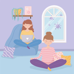 Sticker - quarantine stay at home, girl working with laptop and woman practicing yoga cartoon