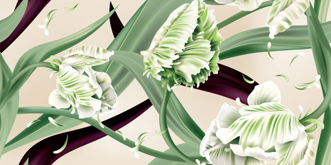 Wall Mural - Classic floral pattern. Green tulips on a pink background. Vector illustration