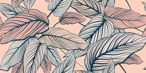 Wall Mural - Modern floral pattern. Hand-drawn leaves on a pink background. Vector illustration