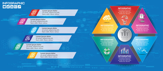6 Parts infographic design vector and marketing icons can be used for workflow layout, diagram, report, web design. Business concept with options, steps or processes.