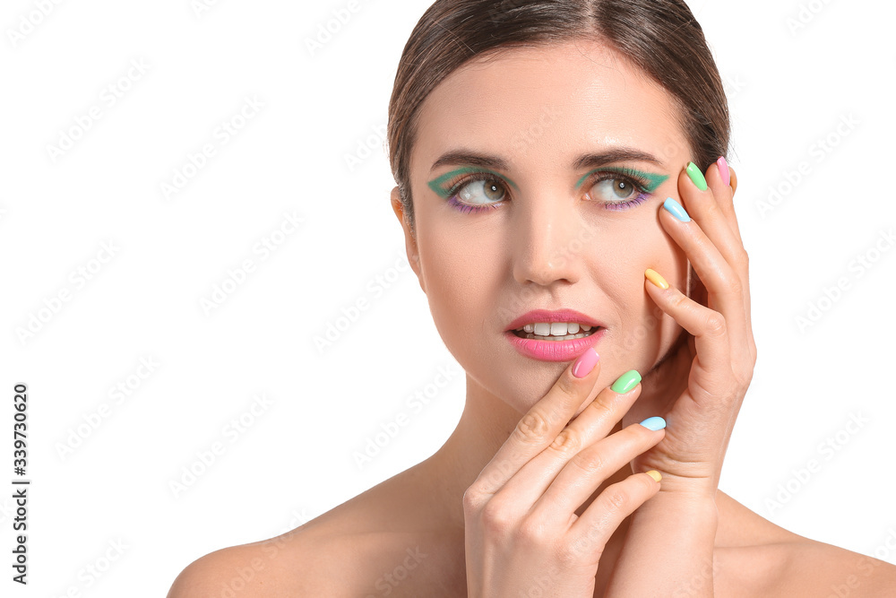 Young woman with beautiful manicure on white background
