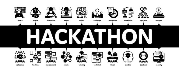 Wall Mural - Hackathon Development Minimal Infographic Web Banner Vector. Hackathon Business, Developer Coding And Brainstorm, Meeting And Idea Illustrations