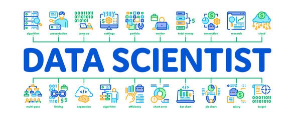 Wall Mural - Data Scientist Worker Minimal Infographic Web Banner Vector. Server And Web Site Research, Programmer And Data Scientist, Binary Code And Infographic Illustrations