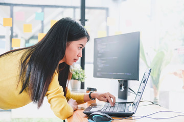 Developing programming team Development Website design and coding technologies working in software company office. Website design. Cyber space concept.