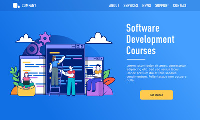 Software development online courses concept. Small people stand near big pages with code. Modern design vector illustration. Web landing page template