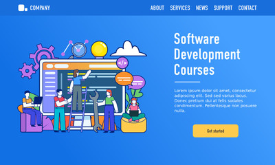Online software development, coding courses. Small people stand near big screen with code. Modern design vector illustration. Web landing page template