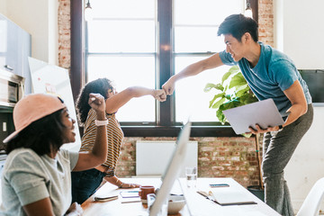 Wall Mural - Diverse team celebrate success with fist bump