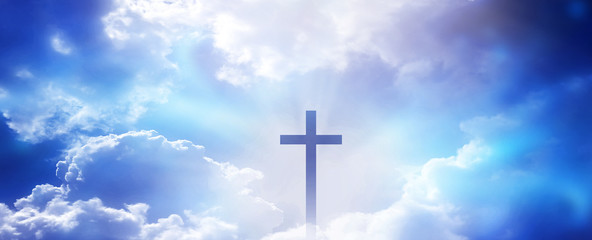 Wall Mural - christian cross appeared bright in the sky with soft fluffy clouds, white, beautiful colors. with th