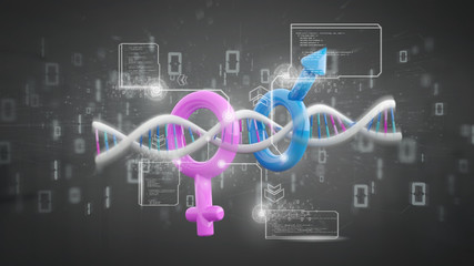 Poster - DNA with data and male and female symbol - 3d rendering