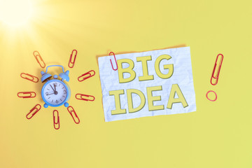 Wall Mural - Word writing text Big Idea. Business photo showcasing Having great creative innovation solution or way of thinking Metal vintage alarm clips crushed sheet rubber band colored background