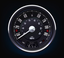 Retro Speedometer. Tachometer. Realistic Vector. Round. Metal. Classic.