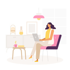 Wall Mural - Young business woman work at home.  Remove work and freelance. Vector cartoon character. Illustration in flat design.