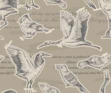 Vintage Seamless Pattern With Birds. Newspaper Clippings